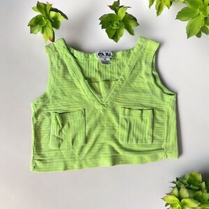 Vtg Women’s v neck tank top E.V. LTD With 2 Front Pockets Size M Lime Green